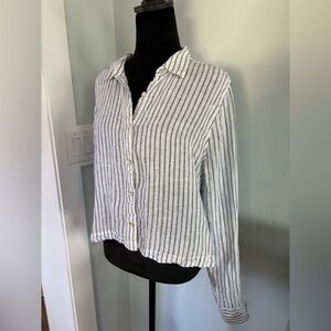 Christian Soriano L linen coastal striped long sleeve top white and blue stripe